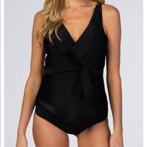 Black Waist Tie Maternity One-Piece Swimsuit